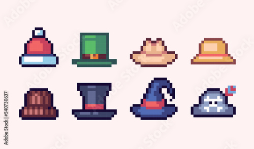 Different hats, headgear pixel art set. Headdress, caps collection. Leprechaun, Santa Claus, pirate, witch hat. 8 bit sprite. Game development, mobile app.  Isolated vector illustration.