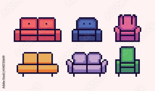 Sofa, couch pixel art set. Living room furniture collection. Armchair 8 bit sprite. Game development, mobile app.  Isolated vector illustration.
