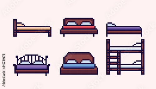Bedroom furniture pixel art set. Single and double bed collection. 8 bit sprite. Game development, mobile app.  Isolated vector illustration.