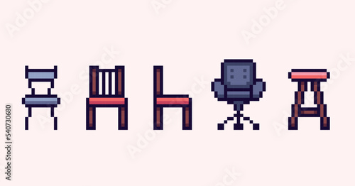 Chair, stool pixel art set. Dinning, cabinet furniture collection.  Interior room elements. 8 bit sprite. Game development, mobile app.  Isolated vector illustration.
