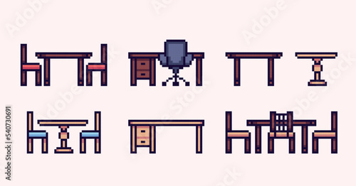 Table and chair pixel art set. Dining room, office furniture collection. 8 bit sprite. Game development, mobile app.  Isolated vector illustration.