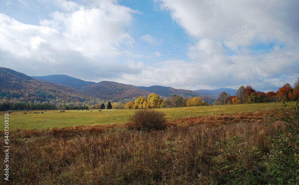Kolorowa panorama jesienią, niskie góry.