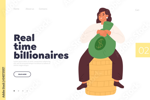 Real time billionaires concept of landing page with happy rich woman hold big money bag sit on gold