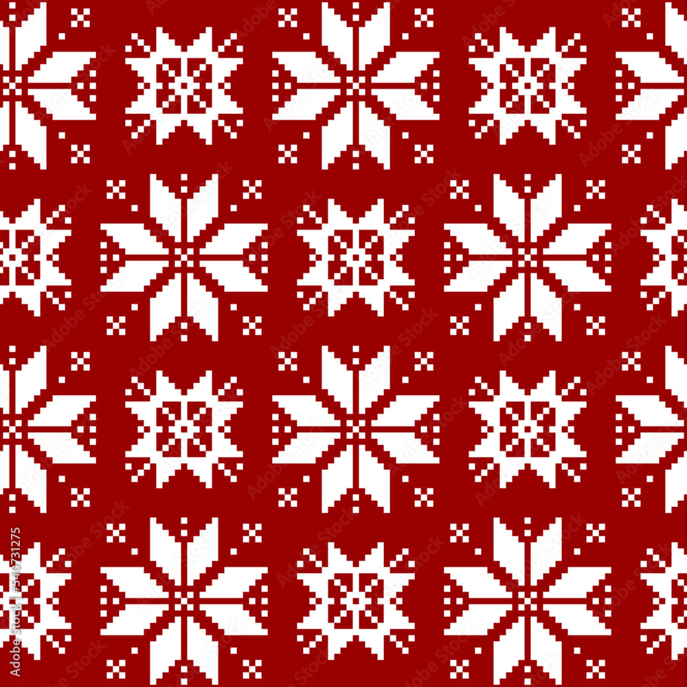 Christmas pattern in classic red and white tones. Winter illustration with snowflakes and geometric ornaments. Christmas pattern in classic red and white tones. Winter illustration with snowflakes and geometric ornaments.