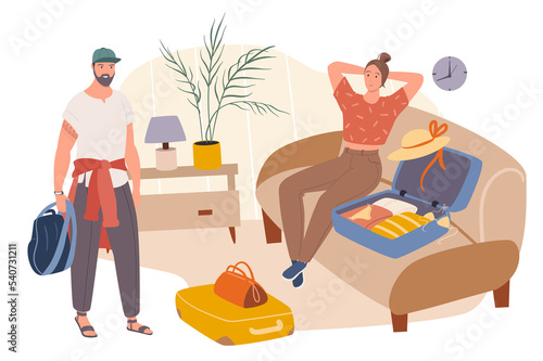 Summer travel web concept. Couple packing clothes in suitcases and going on vacation. Man and woman go at resort together. People scenes template. Illustration of characters in flat design