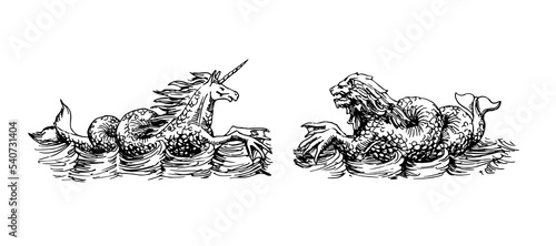 Lion and unicorn. For a diving logo or emblem. Sea monsters. Vector illustration with black ink, isolated on a white background in a hand drawn style.