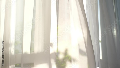 ray of sun lighting through transparent curtain on window into bedroom at evening summer time. Strong wind blowing in open window and swaying thin curtain in living room