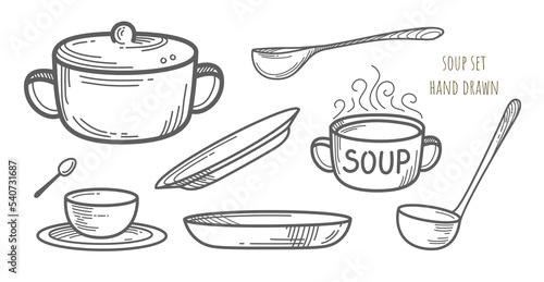 Vector set of soup utensils elements. Hot homemade food. One large saucepan with lid and many decorative plates, tureen. Creative art signs for advertising layout design. Flat graphic cook concept.