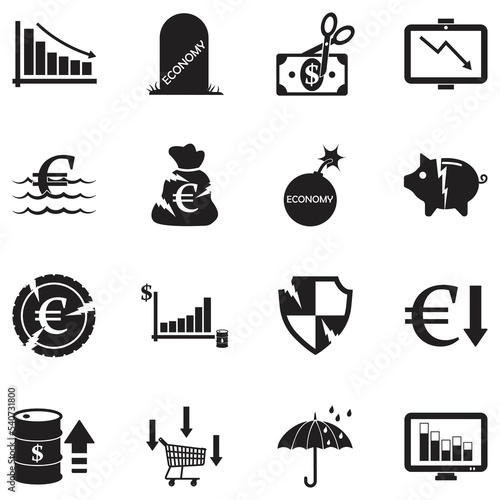 Recession Icons. Black Flat Design. Vector Illustration.