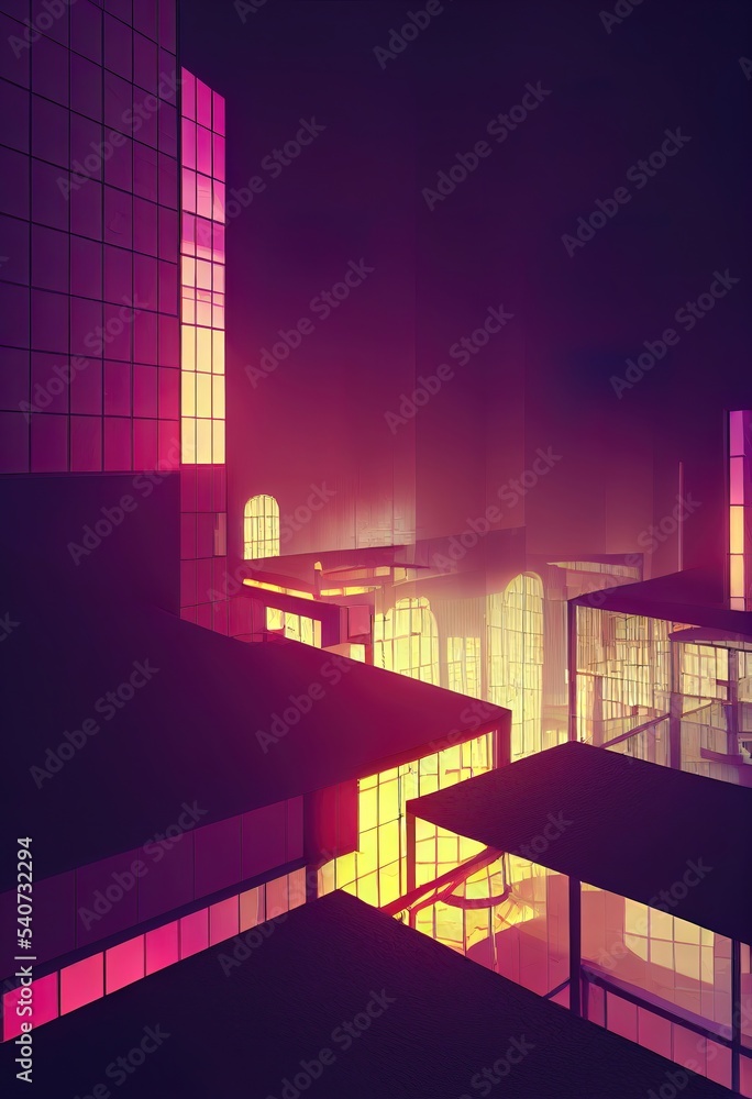 Abstract architectural neon background. Isometric architecture, buildings and infrastructure of a neon futuristic city. 