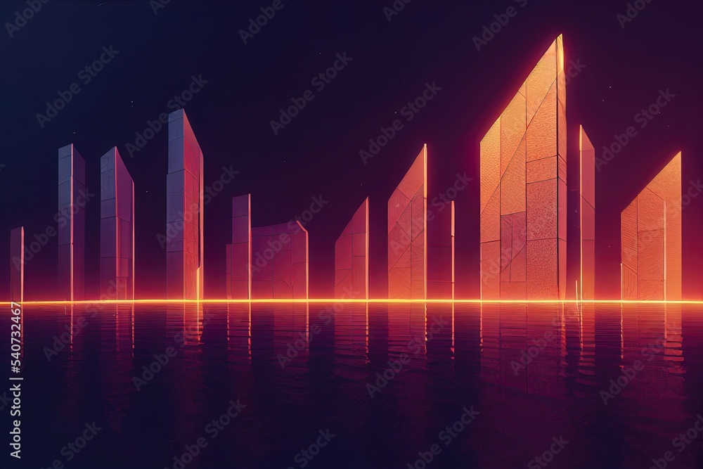 Abstract architectural neon background. Isometric architecture, buildings and infrastructure of a neon futuristic city. 