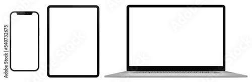 Smartphone, Tablet and Laptop mockup isolated with transparent screen png in different viewing angles