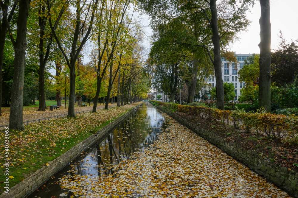 Wassergraben in einem Stadtpark im Düsseldorf im Herbst