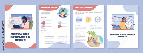 Software developer perks flat vector brochure template. Booklet, leaflet printable flat color designs. Editable magazine page, reports kit with text space. Sigmar, Balsamiq Sans, Comfortaa fonts used photo