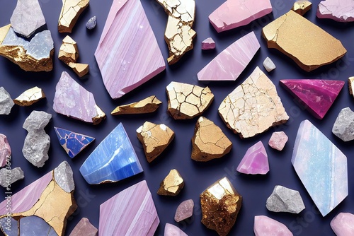 Set of semi-precious stones, gems on blue background photo