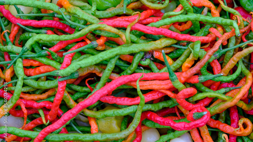 red and green hot chili peppers, chili is the most favorite spice ingredient in Thai food, chili background