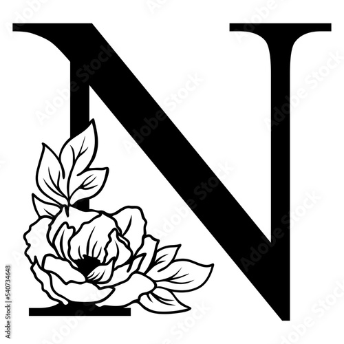 Floral letter N svg, Initial letter N with flower, Monogram alphabet