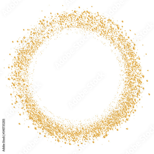 Golden dust dots circle frame on transparent background. Abstract glitter background with sparcles. Copy space for text