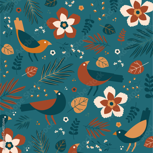 Motif tropical, floral et animal, avec oiseaux, feuilles et plantes exotiques. Eléments vectoriels séparés sur fond uni vert.