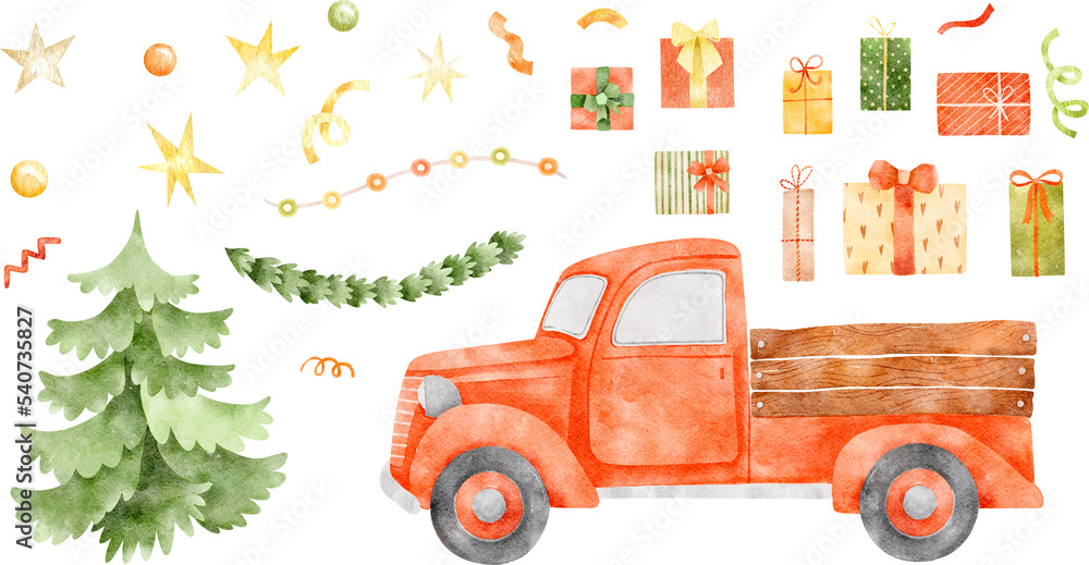 Christmas watercolor truck. Christmas tree, gift graphics, garland. Confetti, stars illustration. Farm vehicle illustration. Holiday winter set. Vintage car xmas traditional Christmas watercolor truck. Christmas tree, gift graphics, garland. Confetti, stars illustration. Farm vehicle illustration. Holiday winter set. Vintage car xmas traditional