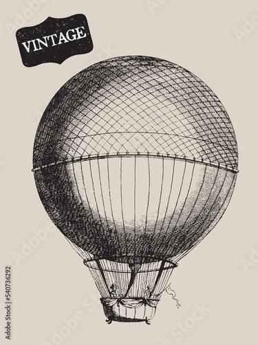 Vintage Transportation. Passenger Aircraft. Balloon  Dirigible or Zeppelin  Airplane. Retro Line Drawing. Engraving Old Transportation. Travel Journey Concept. Invention of Flying Aircraft Machines. 
