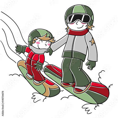 Illustration of a young father teaching his son to snowboard
