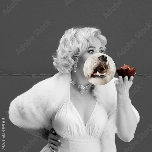 Temptation. Surreal artwork with bw portrait of young woman as celebrity in vintage clothing with part of dog's face instead face. Art, surrealism, inspiration photo