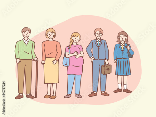 街のイラスト(老若男女、学生、社会人、妊婦、老人、環境、都会、人々、社会) Illustration of the city: men and women of all ages, students, working adults, pregnant women, elderly people, environment, city, people, society.