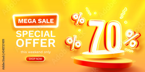 Mega sale special offer, Neon 70 off sale banner. Sign board promotion. Vector