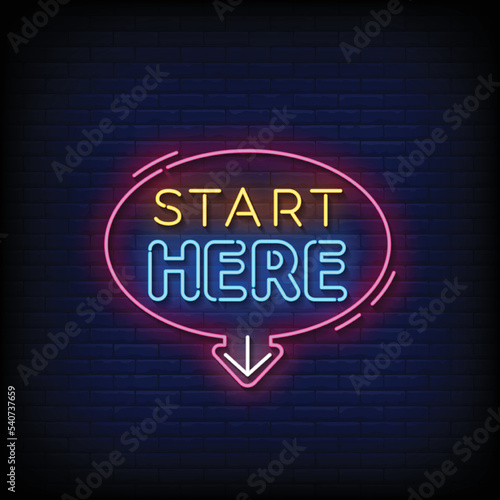Neon Sign start here with brick wall background vector