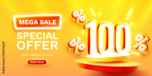 Mega sale special offer, Neon 100 off sale banner. Sign board promotion. Vector photo