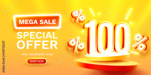 Mega sale special offer, Neon 100 off sale banner. Sign board promotion. Vector