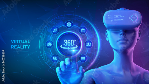 Virtual reality innovative technology. Augmented reality cyber world simulation. Cyberspace of metaverse. Girl wearing VR headset glasses touching digital interface. NFT, blockchain concept. Vector.