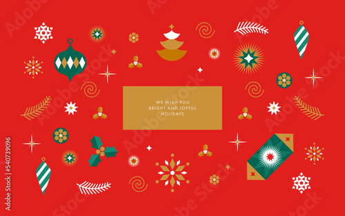 Merry Christmas and Happy New Year greeting card, poster, holiday cover. Modern Xmas design with geometric pattern in red, gold, green, white colors. Christmas tree, balls, stars, snowflakes and candy