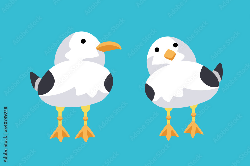 Cute seagulls in cartoon style. Characters for postcards, books for children. Vector illustration, icons on isolated background.