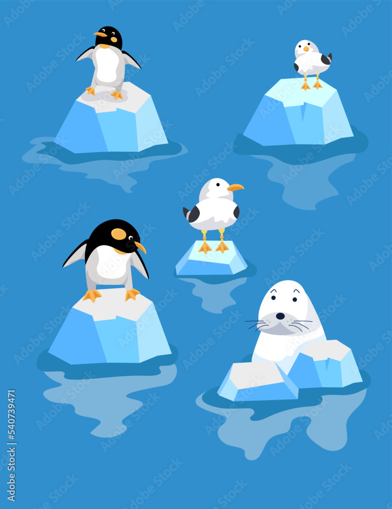 Cute polar animals, penguins, birds among the ice, icebergs in cartoon