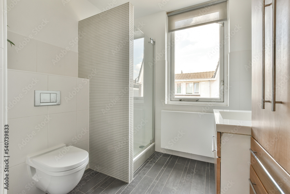 Contemporary bathroom interior with shower and ceramic sink with cabinet Contemporary bathroom interior with shower and ceramic sink with cabinet