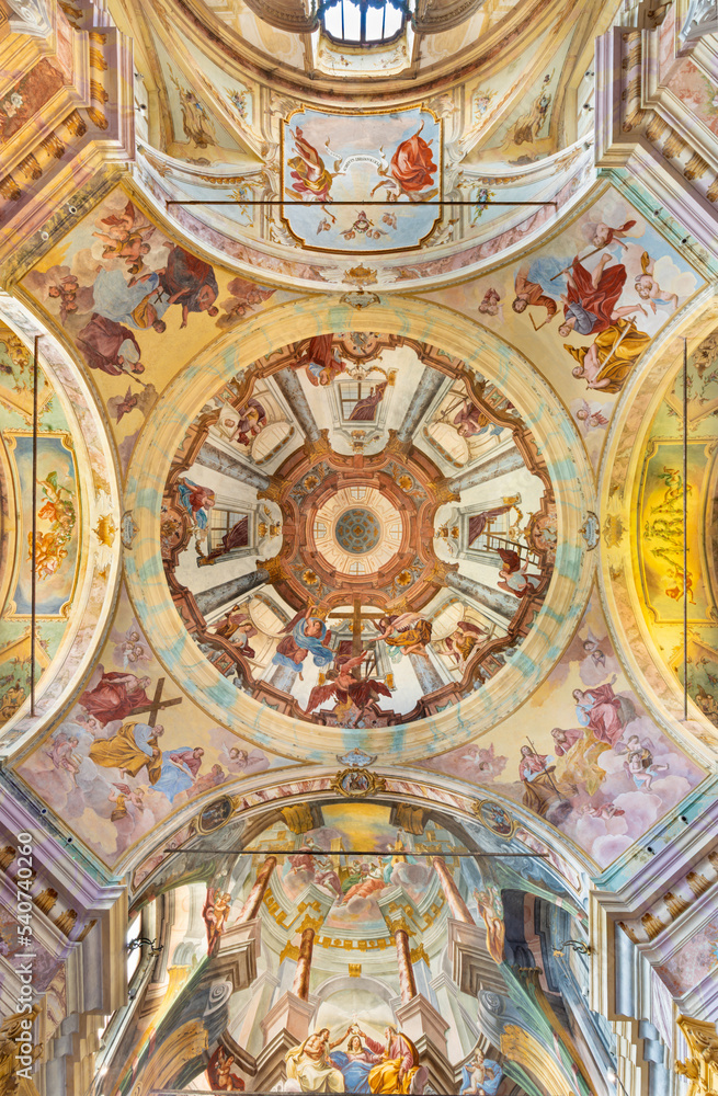 BOLETO, ITALY - JULY 19, 2022: The baroque fresco (twelv apostles) in the cupola of church Santuario della Madonna del Sasso by Lorenzo Peracino from 18. cent.
