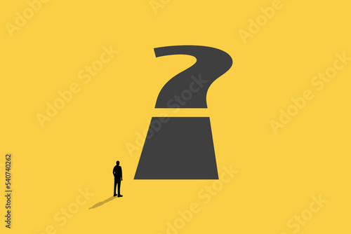 businessman standing front of question mark. concept of business future, uncertainty, challenge, opportunity and hope.