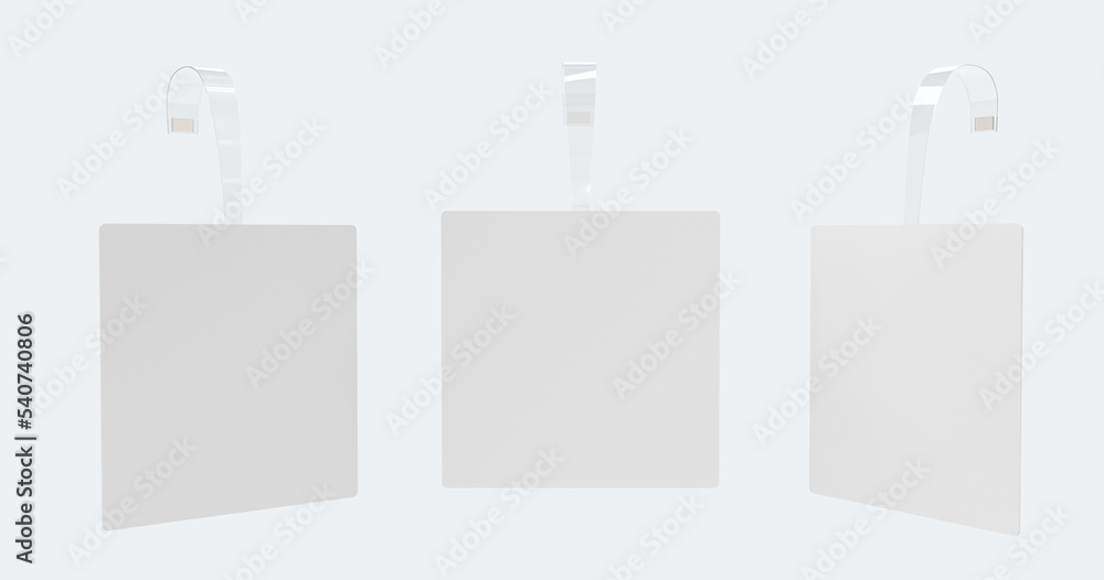 Square advertising wobblers front and angle view. Realistic 3d set white paper promotion stickers on clear plastic strips. Mockup blank price tag hang on wall, isolated pricing labels. 3D illustration Square advertising wobblers front and angle view. Realistic 3d set white paper promotion stickers on clear plastic strips. Mockup blank price tag hang on wall, isolated pricing labels. 3D illustration