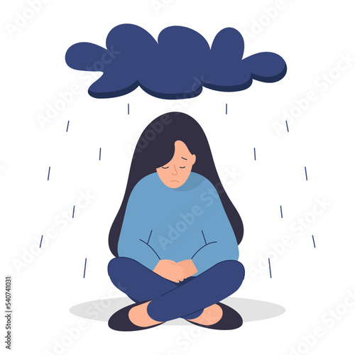 Depressed girl sitting under rain cloud. Sad woman