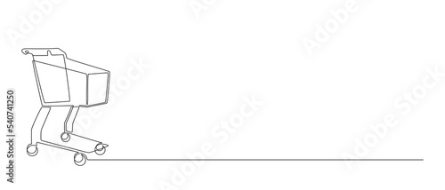 One continuous line drawing of shopping cart. Online shop purchase and supermarket symbol in simple linear style. Buy now trolley retail concept in editable stroke. Doodle vector illustration