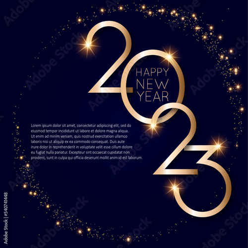 Happy new 2023 year Elegant gold text with light. Minimalistic text template.	