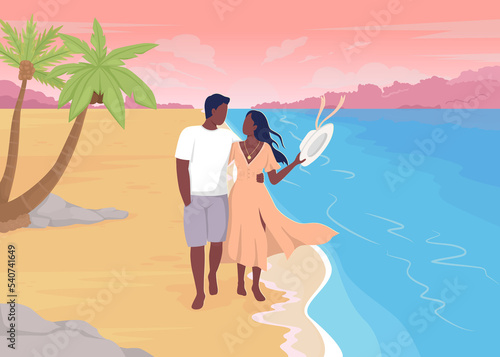 Walking barefoot on sandy beach flat color raster illustration. Tropical vacation spot. Romantic getaway. Couple walking along seashore 2D simple cartoon characters with sunset on background © The img