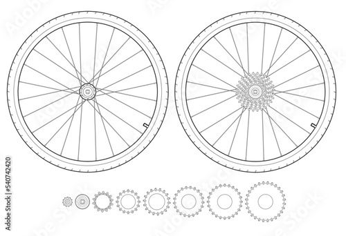 Two bicycle wheels and tires with rear wheel gear details.