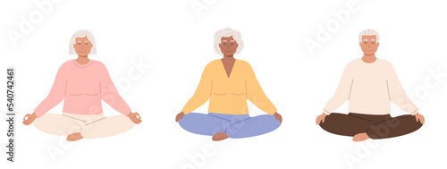 Set of modern elderly female and male with crossed legs closed eyes meditating. Senior old age woman and man practicing yoga, meditation, breathing spiritual practice. Isolated vector illustration.