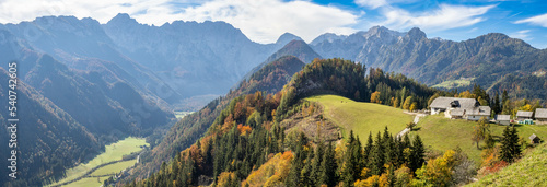 Picturesque valleys and mountains in panoramic road of Solcava, Slovenia photo