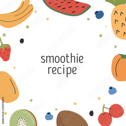 Tropical fruits in circle square card design with place for text. Different healthy food frame border. Summer berries and organic products. Exotic background template. Flat style vector illustration.