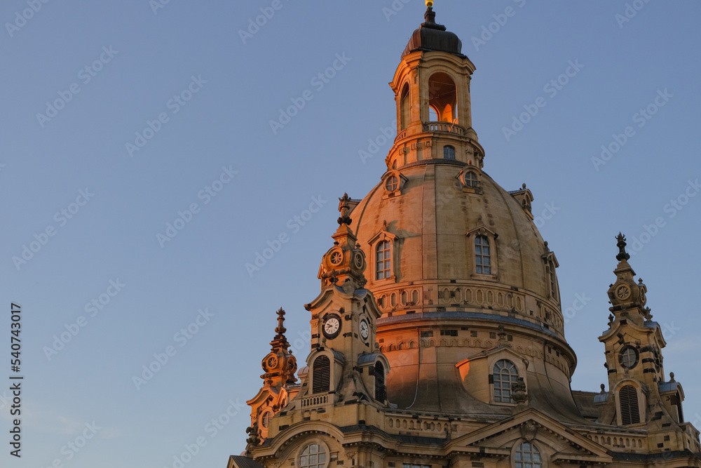 bell tower top view on clear blue sky background. Dresden architecture travel card, Germany