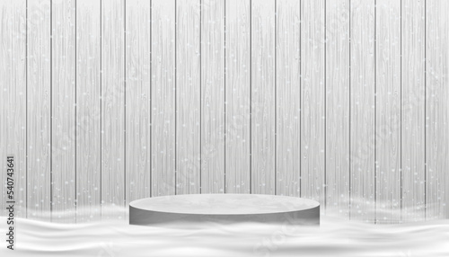 Christmas background with snowy on wooden texture,Vector Winter scene with snowing on white and grey wood panel texture,3D display banner backdrop for New Year 2023 or Christmas promotion